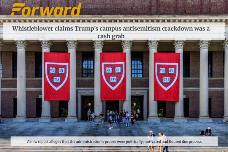 Harvard University campus with Forward headline about antisemitism crackdown.